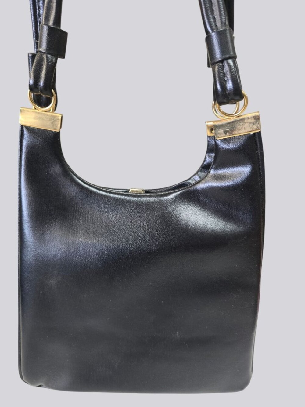 Vintage Black Leather Shoulder Bag Gold Accents & Dual Straps - Picture 4 of 15